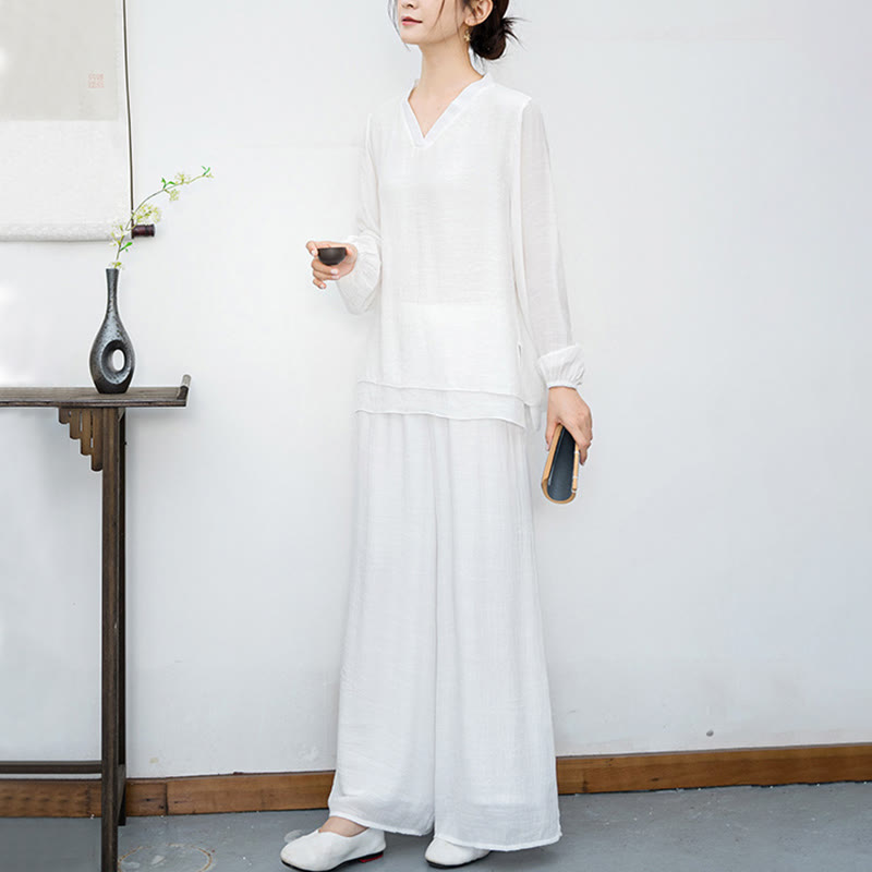 Breathable Fabric V-Neck Long Sleeve Wide-Leg Meditation Two-Piece Set