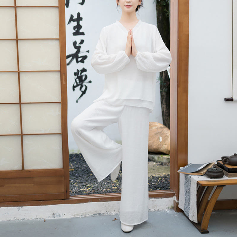 Breathable Fabric V-Neck Long Sleeve Wide-Leg Meditation Two-Piece Set
