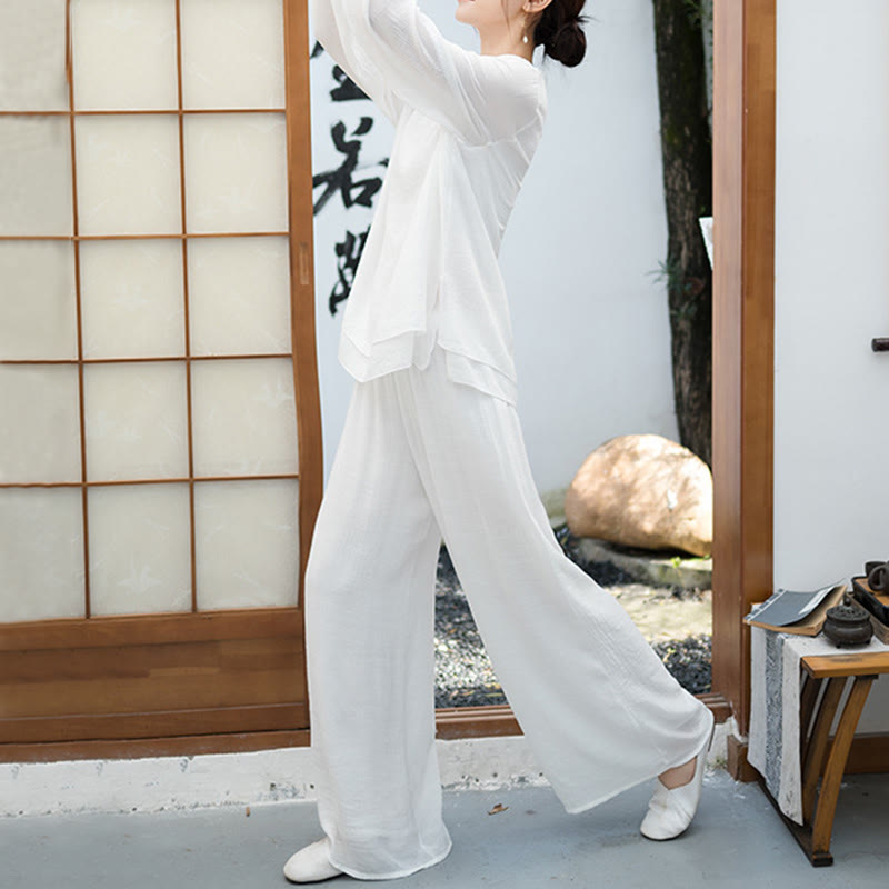 Breathable Fabric V-Neck Long Sleeve Wide-Leg Meditation Two-Piece Set