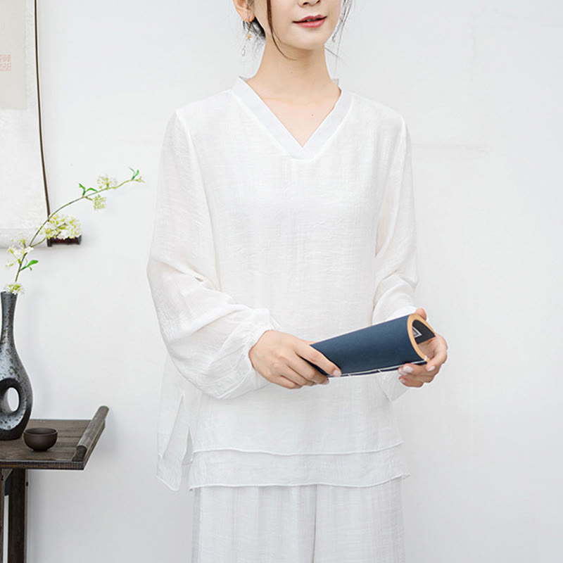 Breathable Fabric V-Neck Long Sleeve Wide-Leg Meditation Two-Piece Set