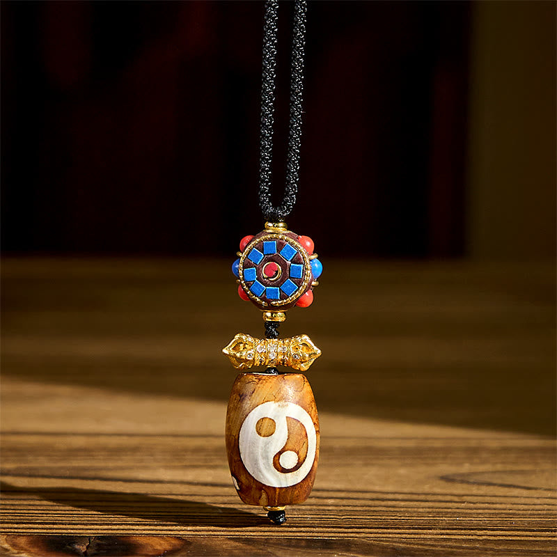 Tibetan Yin Yang Bagua Design Nine-eye Dzi Agate Blessing Necklace Pendant