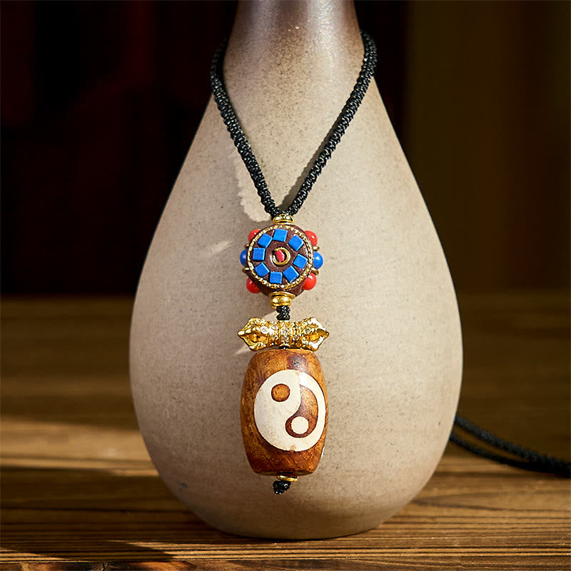 Tibetan Yin Yang Bagua Design Nine-eye Dzi Agate Blessing Necklace Pendant