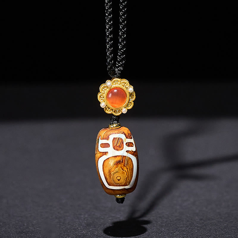 Tibetan Agate Carved God of Wealth Nine-eye Dzi Bead Blessing Necklace Pendant