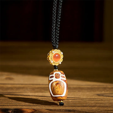 Tibetan Agate Carved God of Wealth Nine-eye Dzi Bead Blessing Necklace Pendant