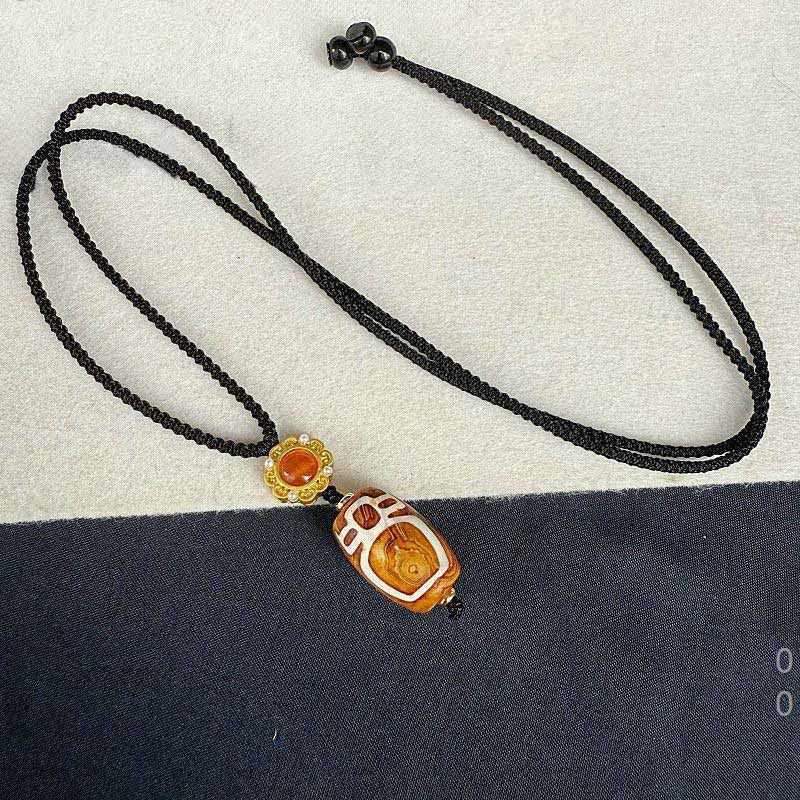 Tibetan Agate Carved God of Wealth Nine-eye Dzi Bead Blessing Necklace Pendant