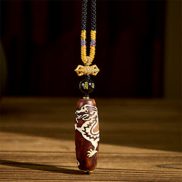 Tibetan Agate Dragon Pattern Nine-eye Dzi Protection Necklace Pendant