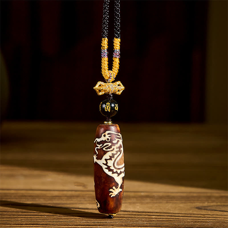 Tibetan Agate Dragon Pattern Nine-eye Dzi Protection Necklace Pendant