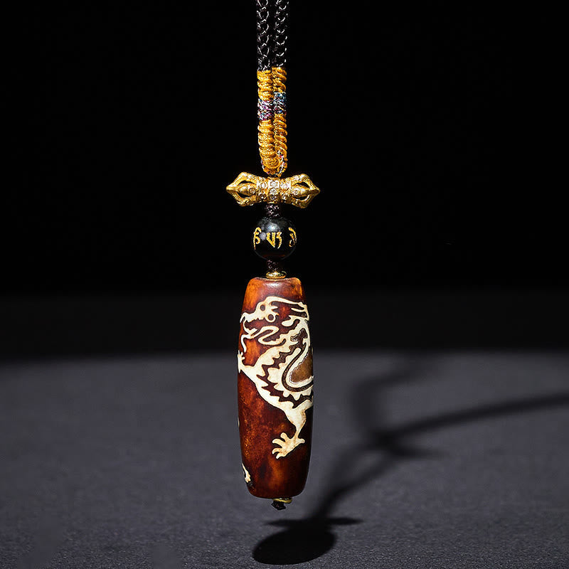 Tibetan Agate Dragon Pattern Nine-eye Dzi Protection Necklace Pendant