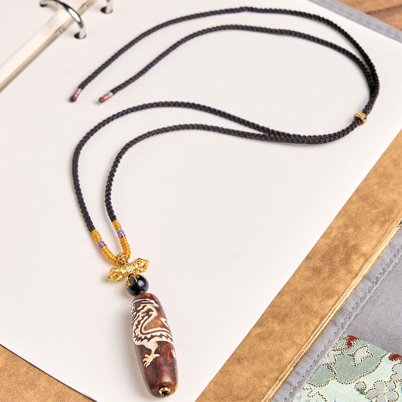 Tibetan Agate Dragon Pattern Nine-eye Dzi Protection Necklace Pendant