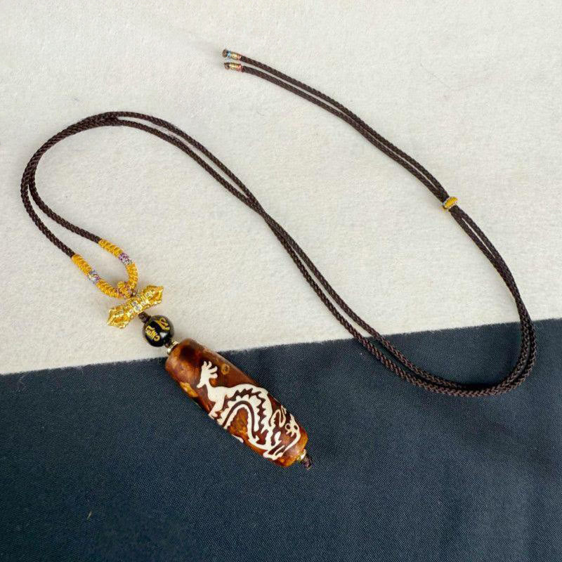 Tibetan Agate Dragon Pattern Nine-eye Dzi Protection Necklace Pendant