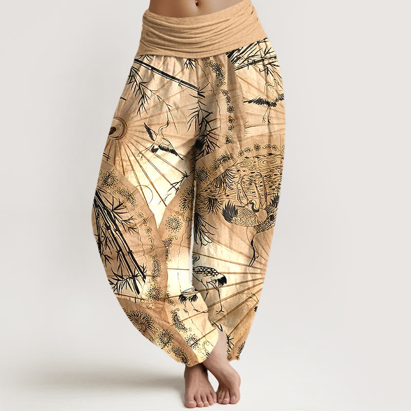 Breathable Cotton Bamboo Crane Print Mindful Harem Pants