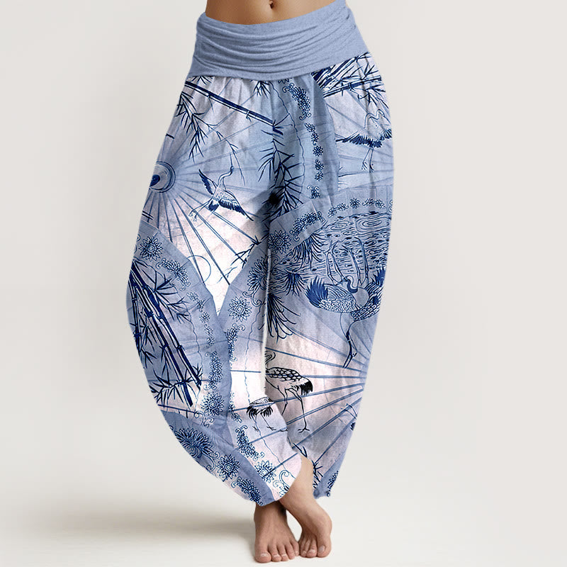 Breathable Cotton Bamboo Crane Print Mindful Harem Pants