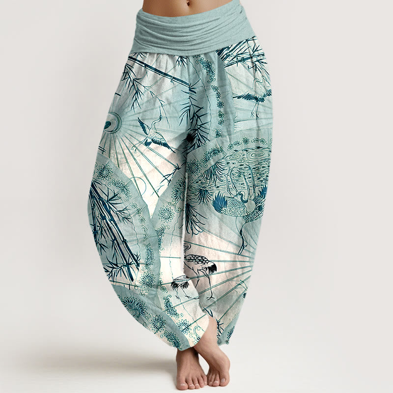Breathable Cotton Bamboo Crane Print Mindful Harem Pants