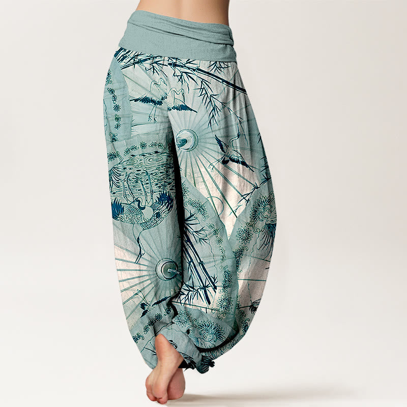 Breathable Cotton Bamboo Crane Print Mindful Harem Pants