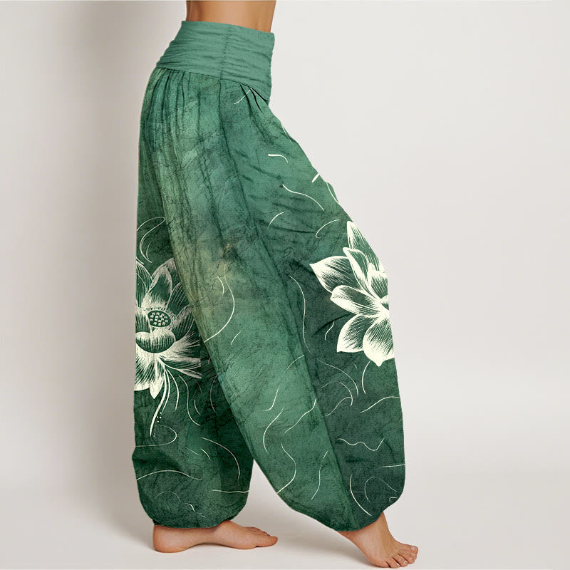 Cotton Harem Meditation Pants with Lotus Pattern and Modal Waistband