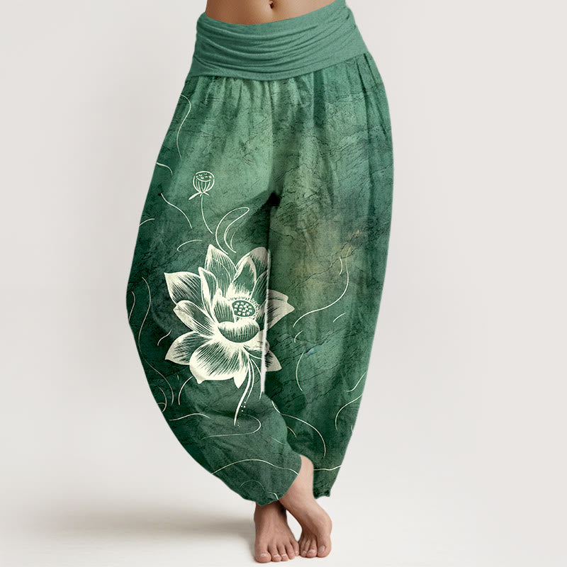 Cotton Harem Meditation Pants with Lotus Pattern and Modal Waistband