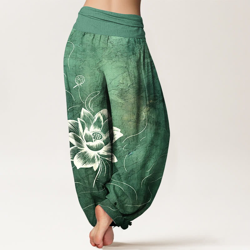 Cotton Harem Meditation Pants with Lotus Pattern and Modal Waistband