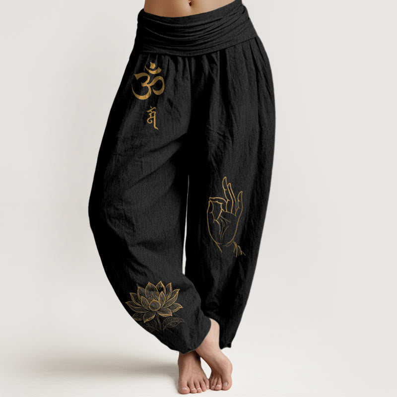 Om Dhi Symbols Lotus Buddha's Hand Pattern Women's Elastic Waist Harem Cotton Pants