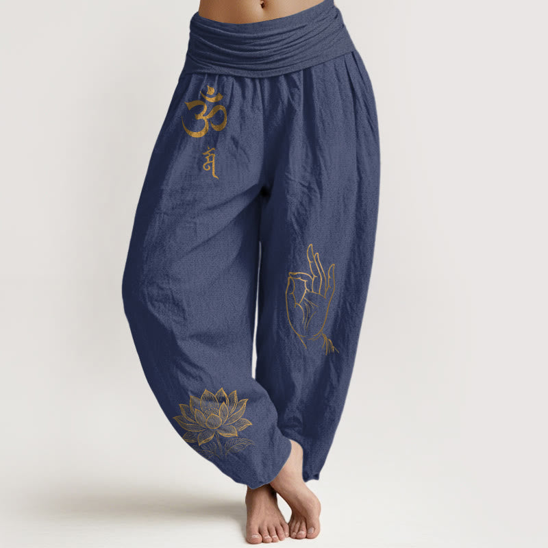 Om Dhi Symbols Lotus Buddha's Hand Pattern Women's Elastic Waist Harem Cotton Pants