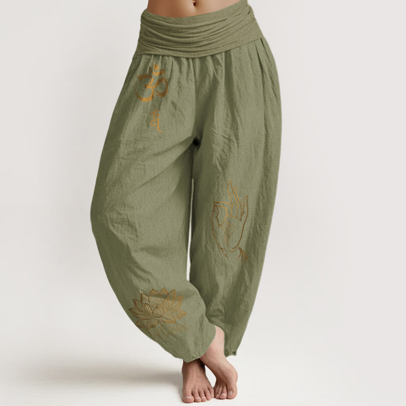 Om Dhi Symbols Lotus Buddha's Hand Pattern Women's Elastic Waist Harem Cotton Pants