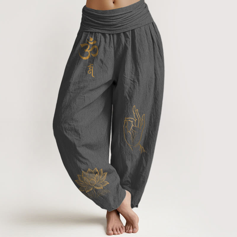 Om Dhi Symbols Lotus Buddha's Hand Pattern Women's Elastic Waist Harem Cotton Pants