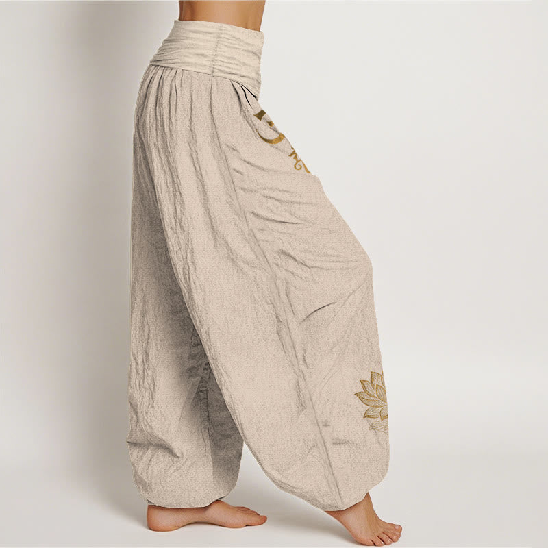Om Dhi Symbols Lotus Buddha's Hand Pattern Women's Elastic Waist Harem Cotton Pants