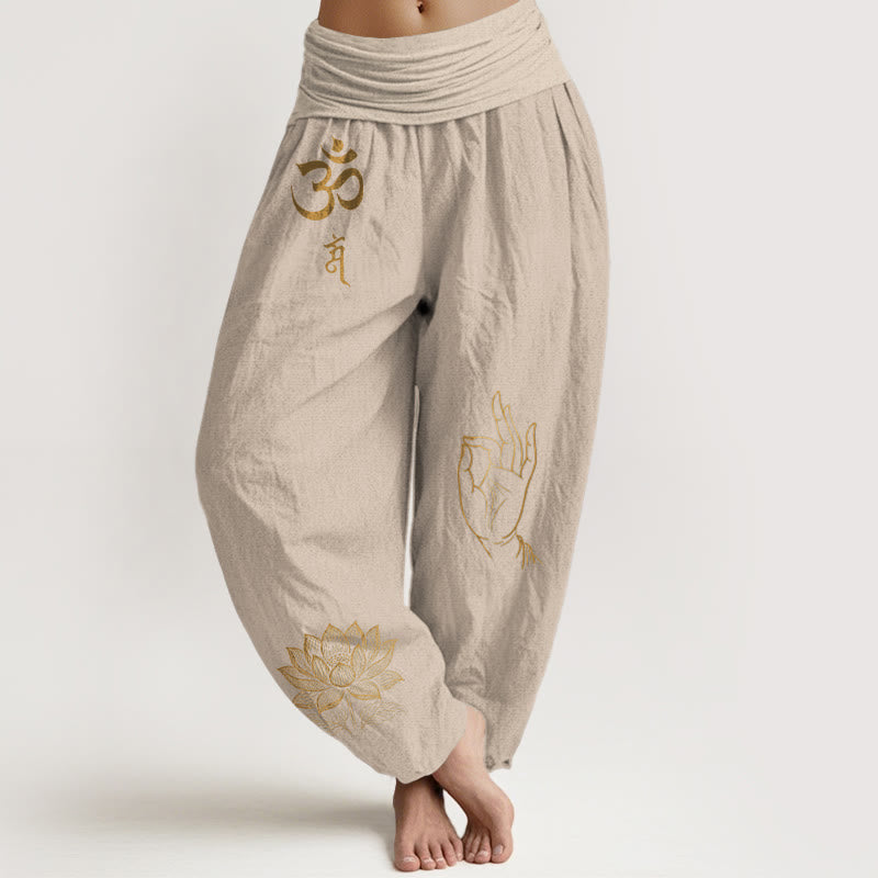 Om Dhi Symbols Lotus Buddha's Hand Pattern Women's Elastic Waist Harem Cotton Pants