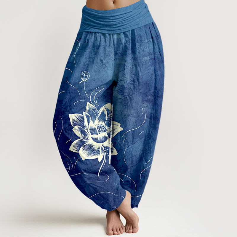 Cotton Harem Meditation Pants with Lotus Pattern and Modal Waistband