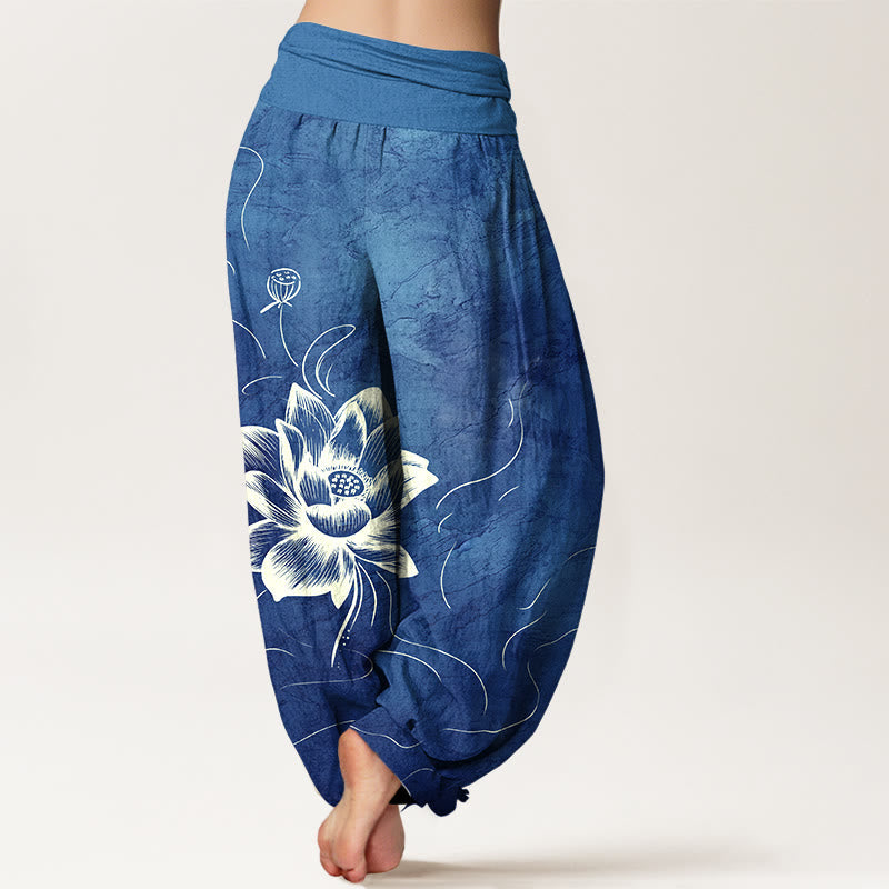 Cotton Harem Meditation Pants with Lotus Pattern and Modal Waistband