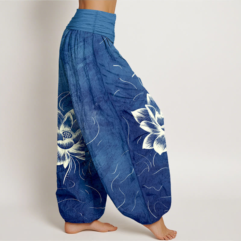 Cotton Harem Meditation Pants with Lotus Pattern and Modal Waistband