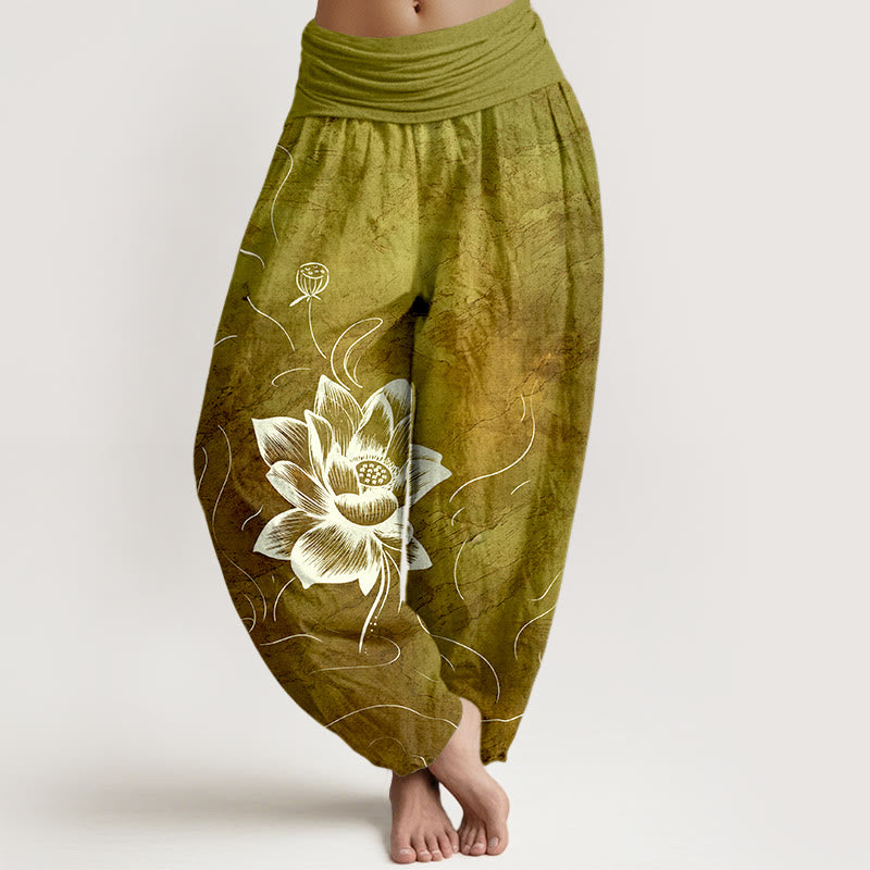 Cotton Harem Meditation Pants with Lotus Pattern and Modal Waistband