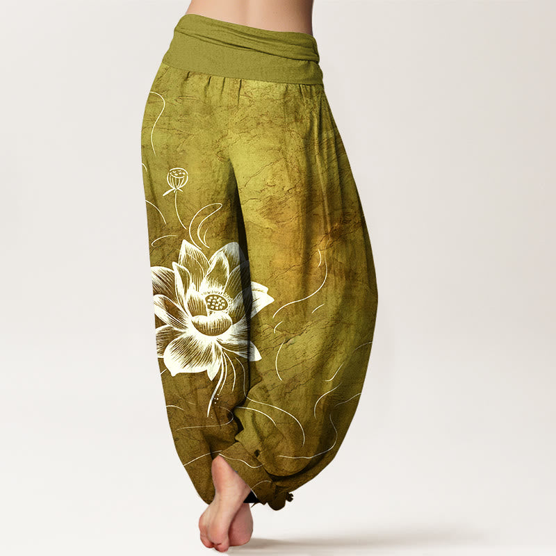 Cotton Harem Meditation Pants with Lotus Pattern and Modal Waistband