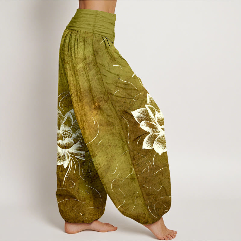 Cotton Harem Meditation Pants with Lotus Pattern and Modal Waistband