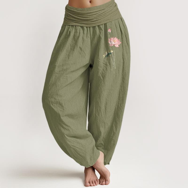 Pink Lotus Flower Lotus Leaves Pattern Women's Elastic Waist Harem Pure Cotton Pants