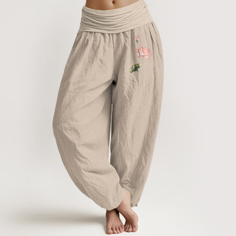 Pink Lotus Flower Lotus Leaves Pattern Women's Elastic Waist Harem Pure Cotton Pants