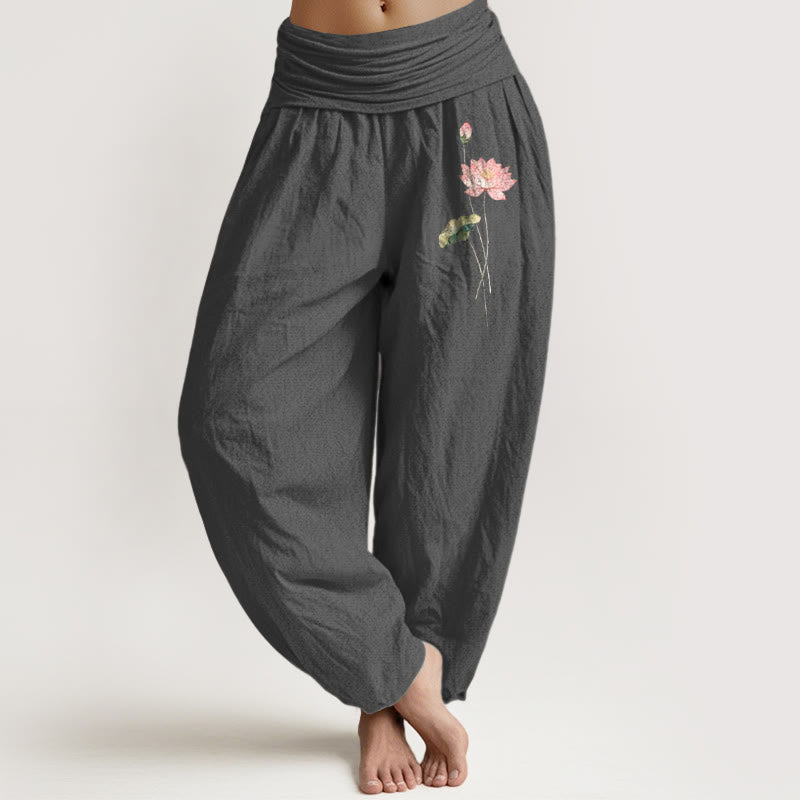 Pink Lotus Flower Lotus Leaves Pattern Women's Elastic Waist Harem Pure Cotton Pants