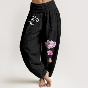 100% Cotton Lotus Motif High-Waist Harem Meditation Pants
