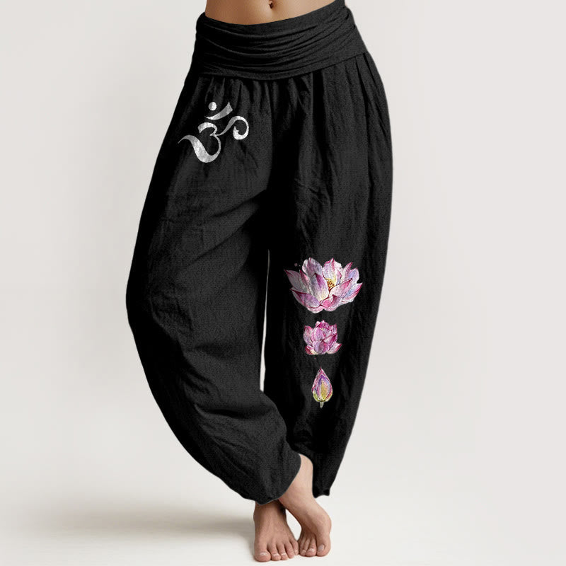 100% Cotton Lotus Motif High-Waist Harem Meditation Pants