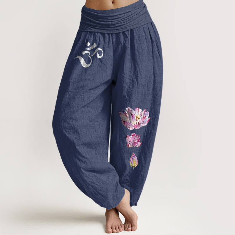 100% Cotton Lotus Motif High-Waist Harem Meditation Pants