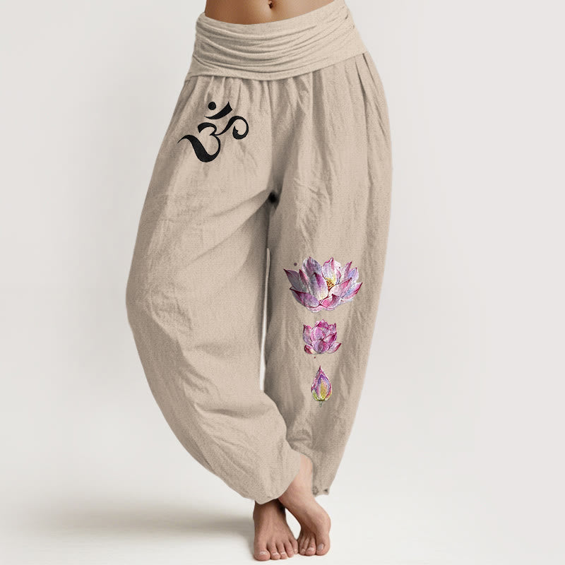100% Cotton Lotus Motif High-Waist Harem Meditation Pants