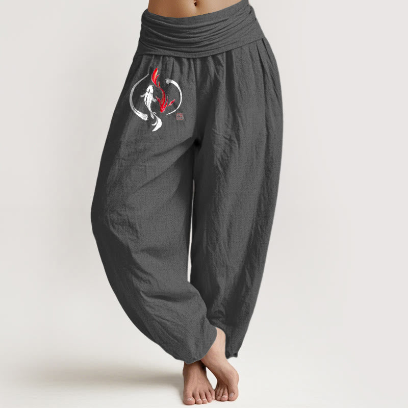 Yin Yang Koi Fish Design Women's Elastic Waist Harem Pure Cotton Pants