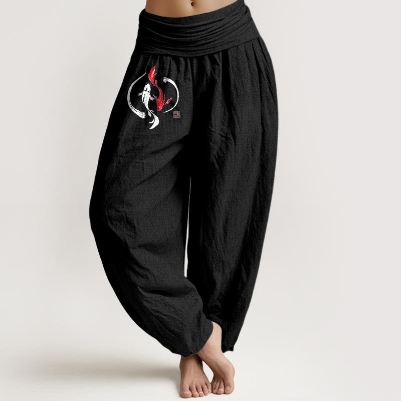Yin Yang Koi Fish Design Women's Elastic Waist Harem Pure Cotton Pants