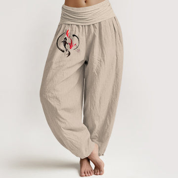 Yin Yang Koi Fish Design Women's Elastic Waist Harem Pure Cotton Pants