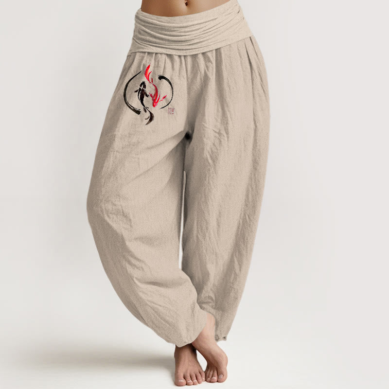 Yin Yang Koi Fish Design Women's Elastic Waist Harem Pure Cotton Pants
