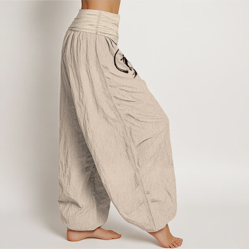 Yin Yang Koi Fish Design Women's Elastic Waist Harem Pure Cotton Pants