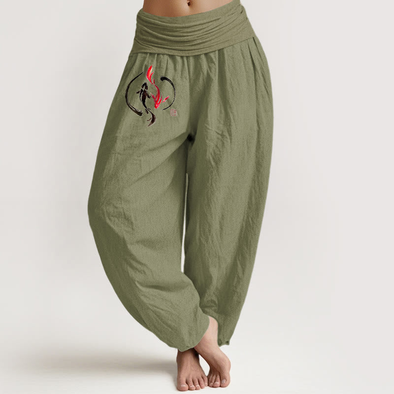 Yin Yang Koi Fish Design Women's Elastic Waist Harem Pure Cotton Pants