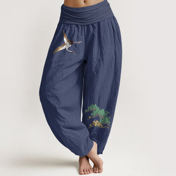 Women's Pure Cotton Crane Pine Tree Pattern Elastic Waist Harem Pants