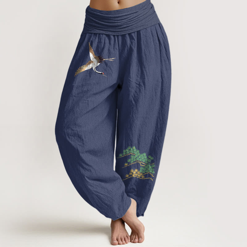 Women's Pure Cotton Crane Pine Tree Pattern Elastic Waist Harem Pants