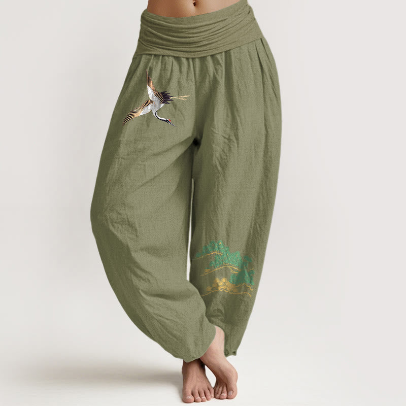 Women's Pure Cotton Crane Pine Tree Pattern Elastic Waist Harem Pants