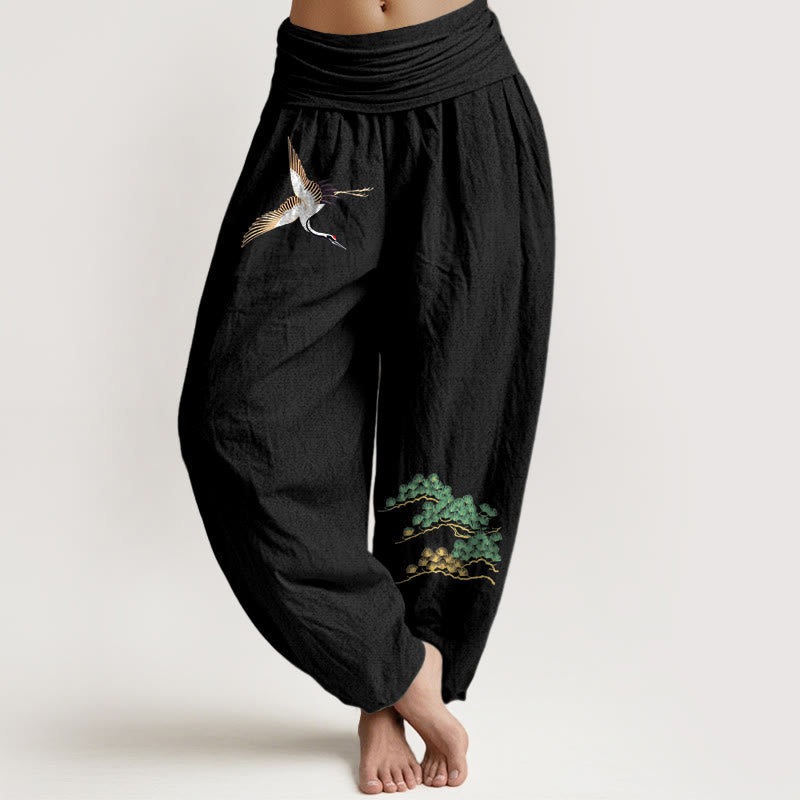 Women's Pure Cotton Crane Pine Tree Pattern Elastic Waist Harem Pants